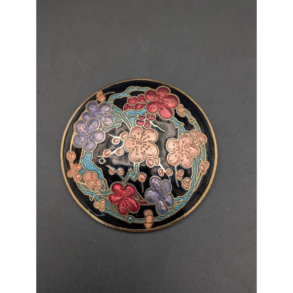 Vintage MFA Boston Cloisonne Enamel Scarf Clip Plum Blossom Floral Gold Tone 2”